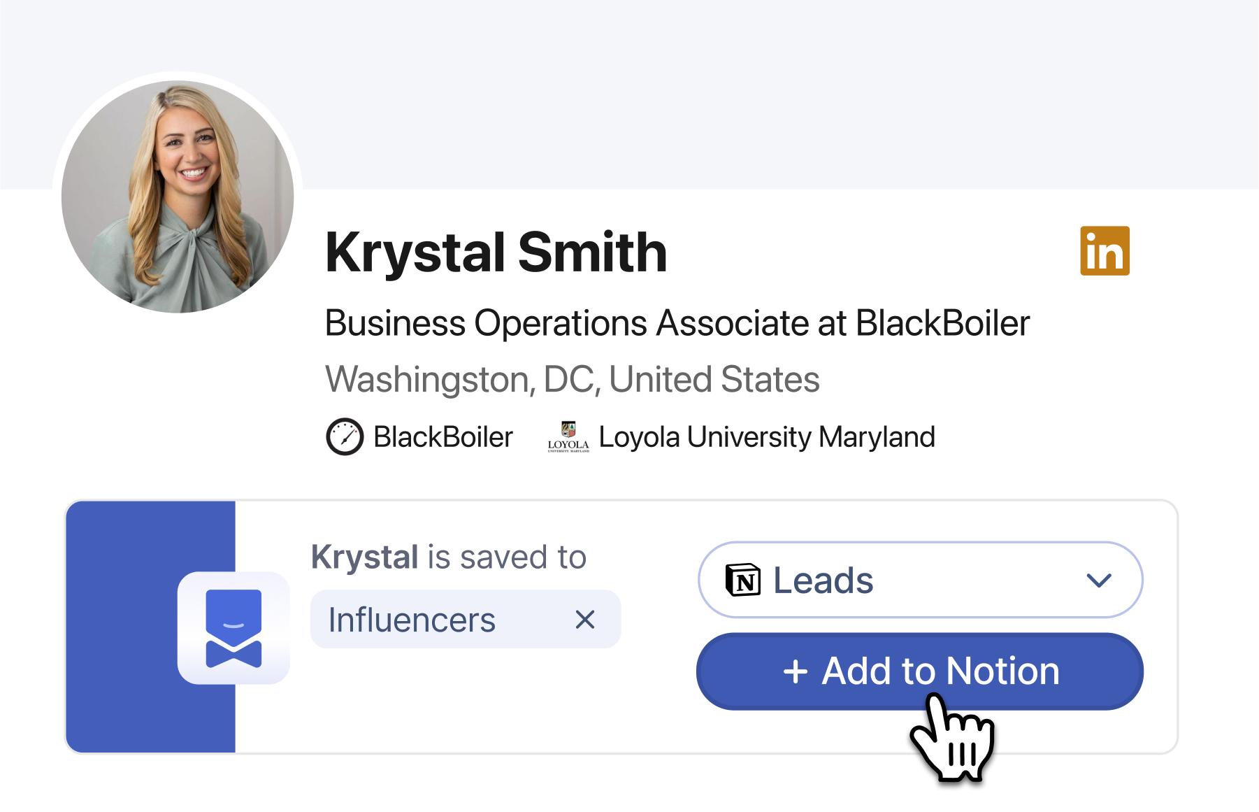 Percy is built for fast LinkedIn profile captures. Save any LinkedIn profile to Notion and within seconds it'll appear in your notion database including the profile bio, picture and more.